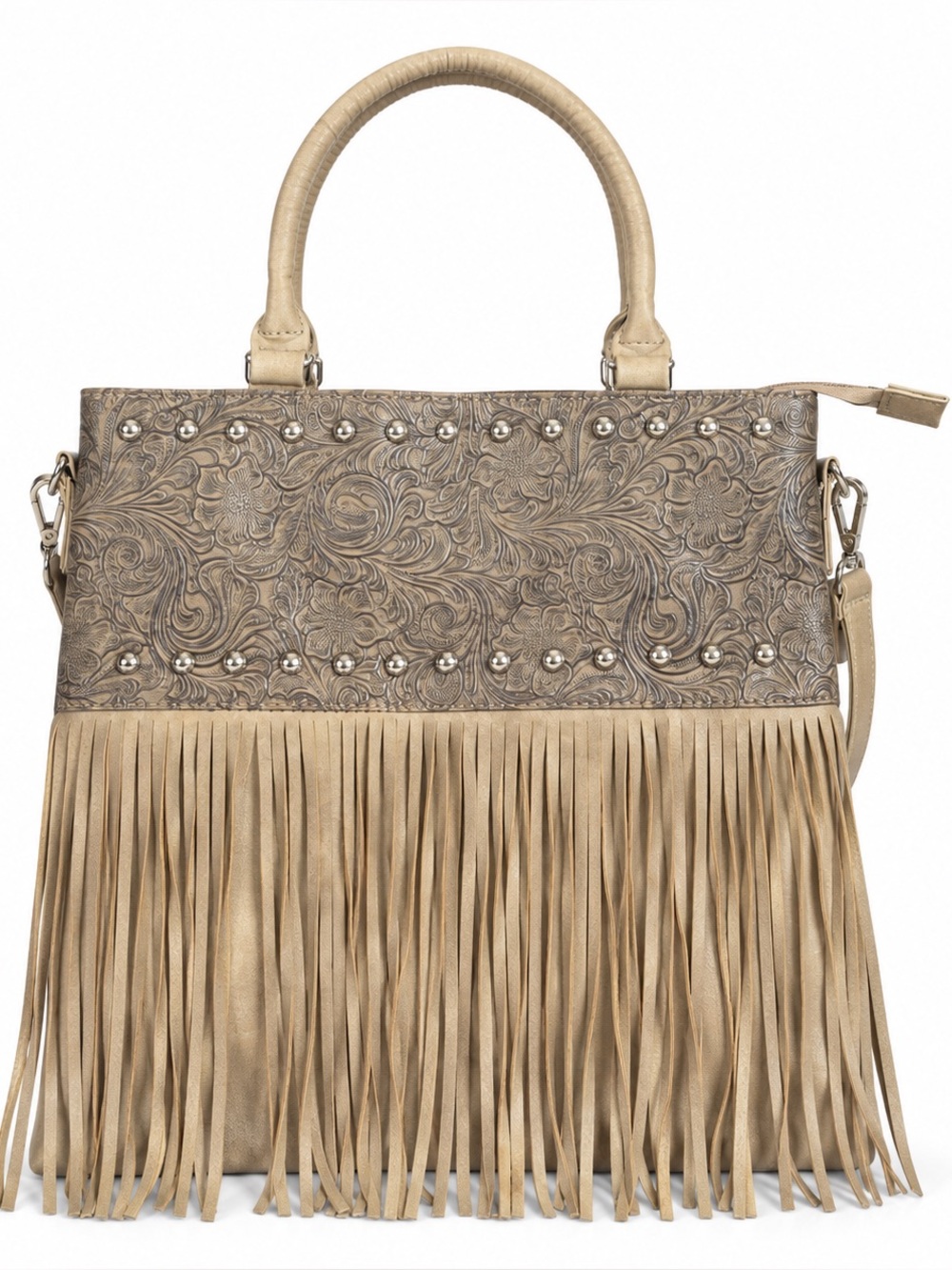Cato Tan Tooled Floral Studded Fringe Satchel Crossbody Bag